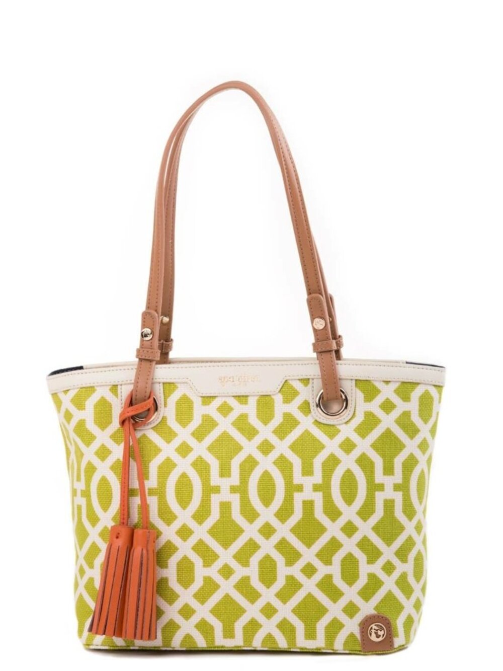 Spartina 449 Green and White Geometric Tote with Tan Handles